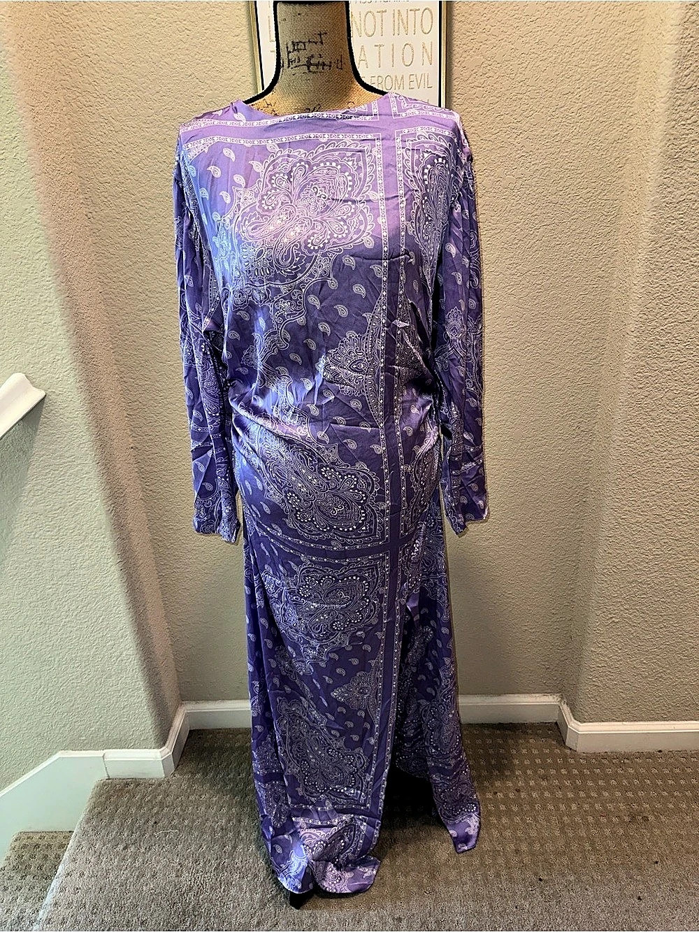Zara Paisley Bandana Print Satin Maxi Dress Purple XL NWT